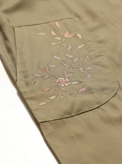 Women's Olive Pocket Embroidered Gathered