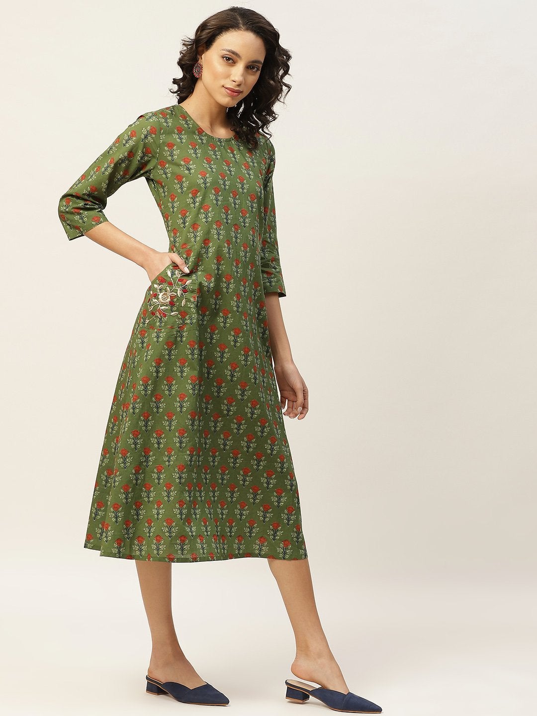 Women's Olive Floral Pocket Embroidery