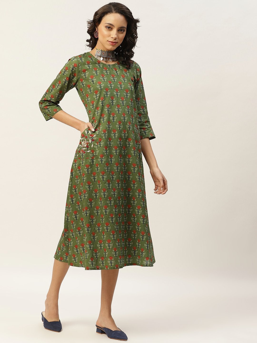 Women's Olive Floral Pocket Embroidery