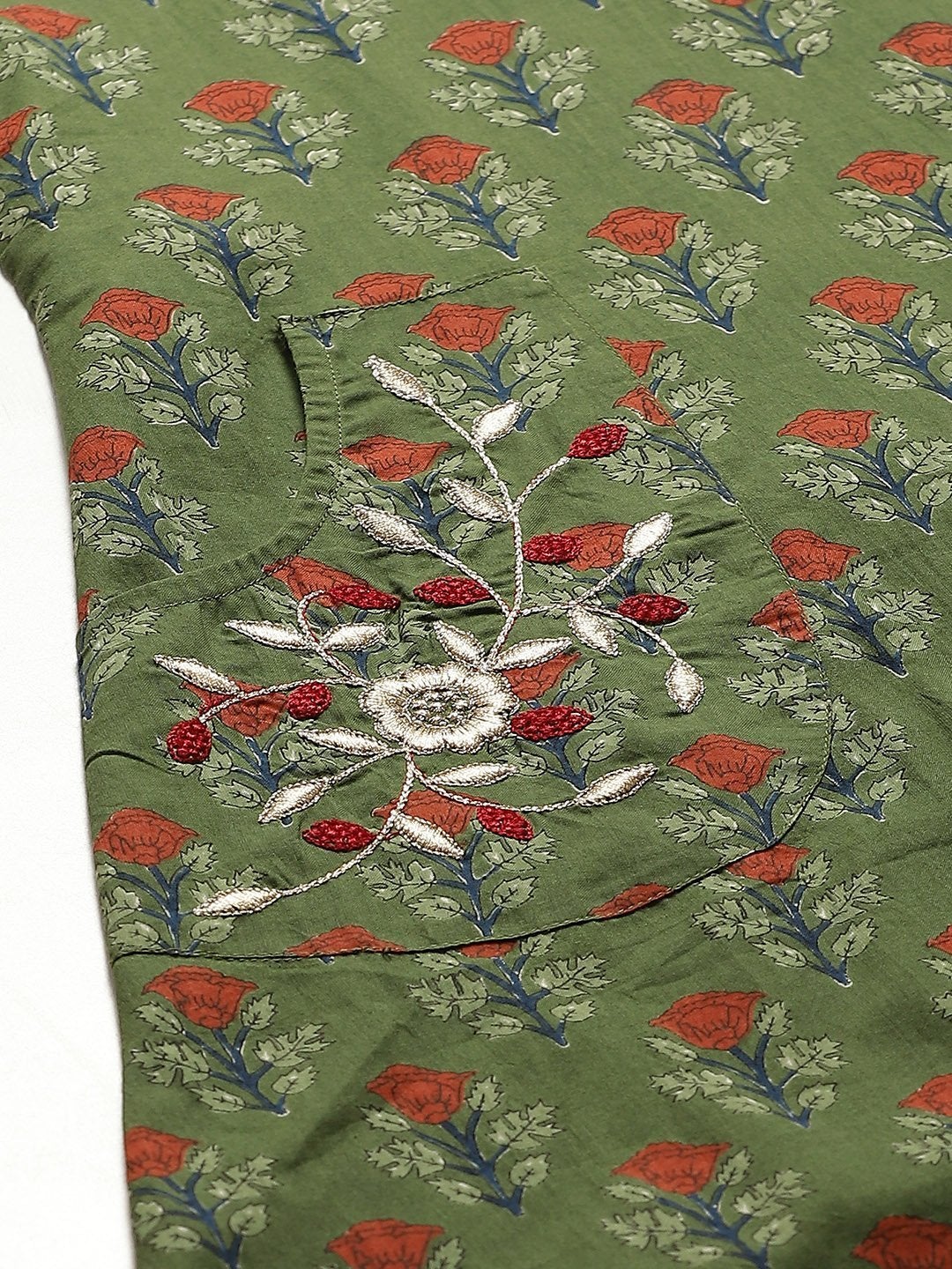 Women's Olive Floral Pocket Embroidery