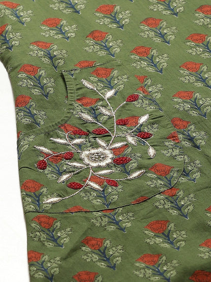 Women's Olive Floral Pocket Embroidery