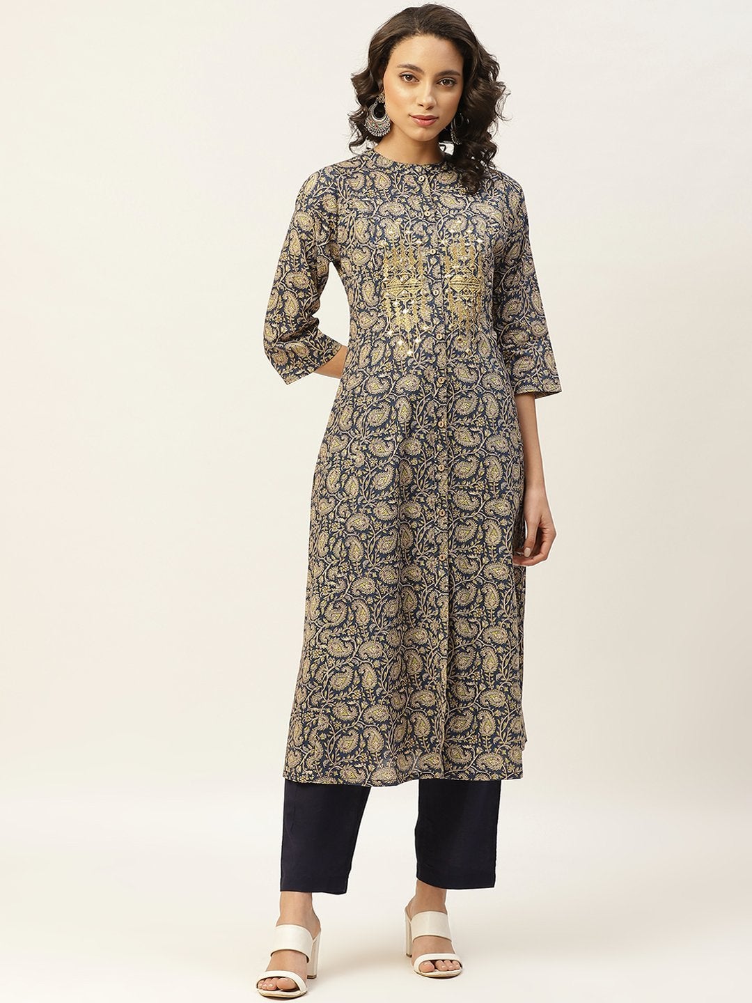 Women's Blue Paisely Zari Embroidery Front Open