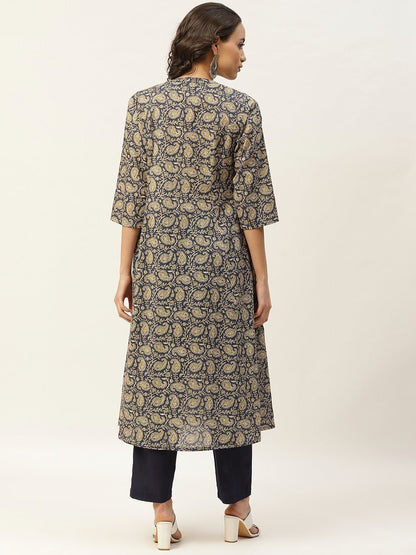 Women's Blue Paisely Zari Embroidery Front Open