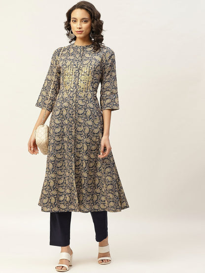 Women's Blue Paisely Zari Embroidery Front Open