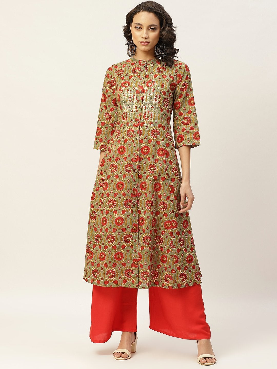 Women's Grey Floral Zari Embroidery Front Open