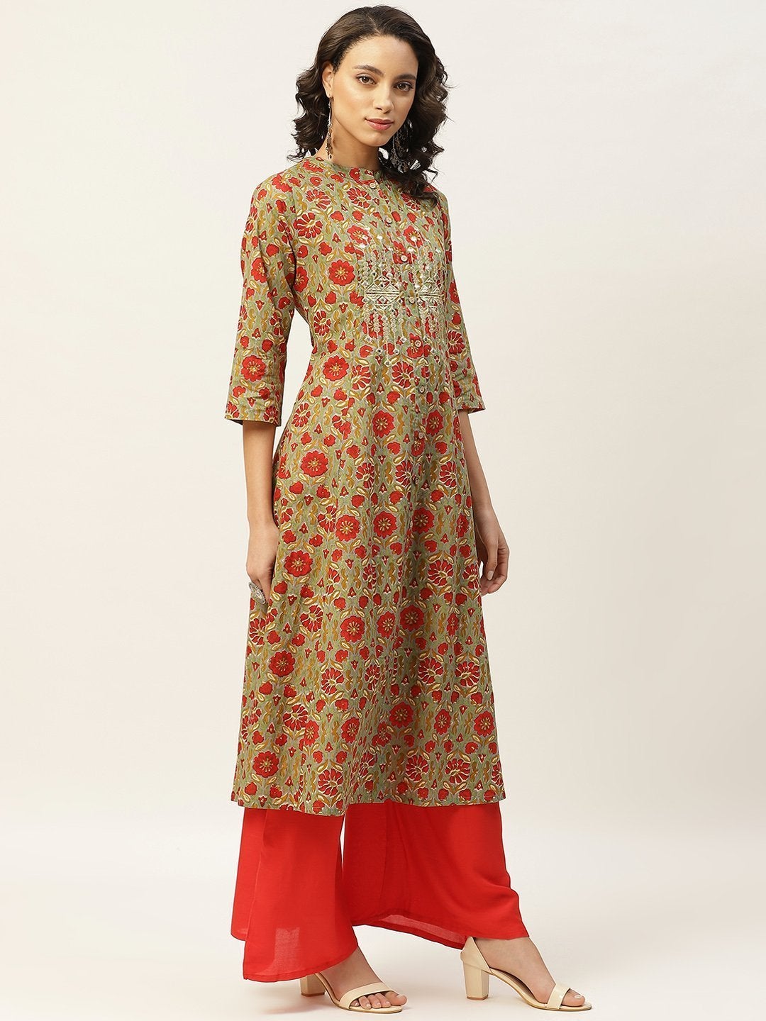 Women's Grey Floral Zari Embroidery Front Open
