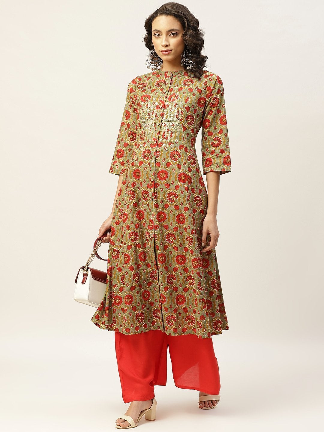 Women's Grey Floral Zari Embroidery Front Open
