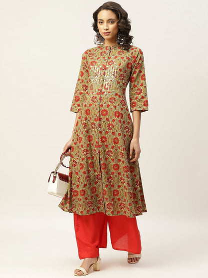 Women's Grey Floral Zari Embroidery Front Open
