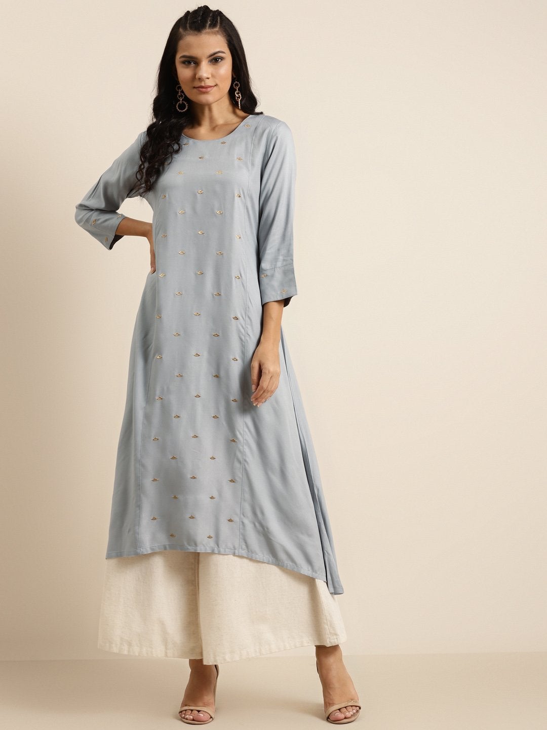 Women's Grey A-Line Zari Embroidery