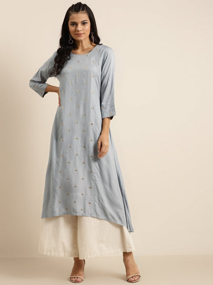 Women's Grey A-Line Zari Embroidery