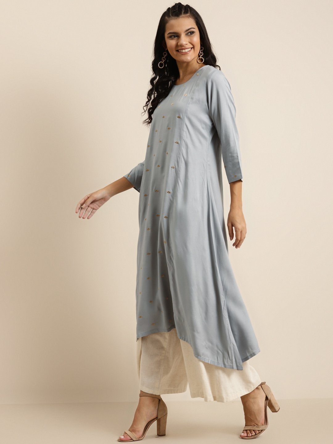 Women's Grey A-Line Zari Embroidery