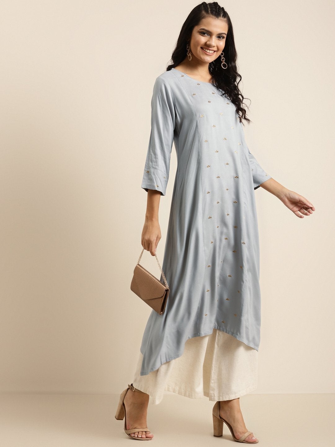 Women's Grey A-Line Zari Embroidery