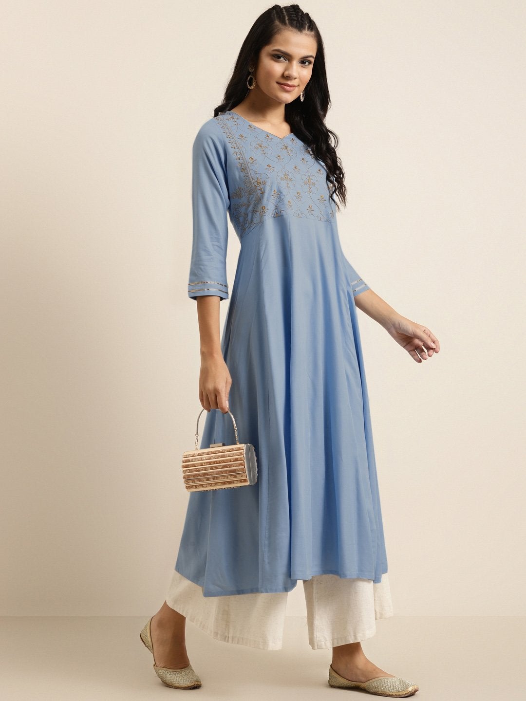 Women's Blue Zari Embroidery Anarkali