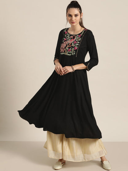 Women's Black Peacock Motif Embroidery Anarkali