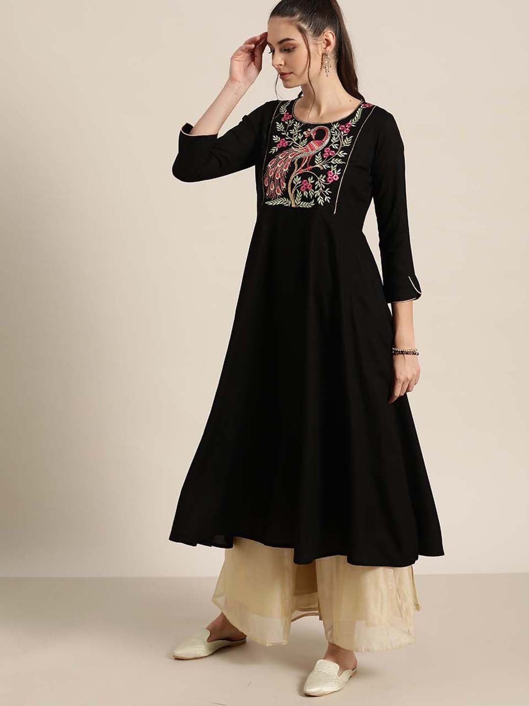 Women's Black Peacock Motif Embroidery Anarkali