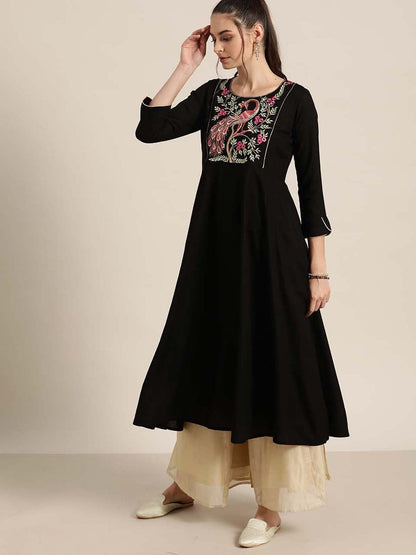 Women's Black Peacock Motif Embroidery Anarkali
