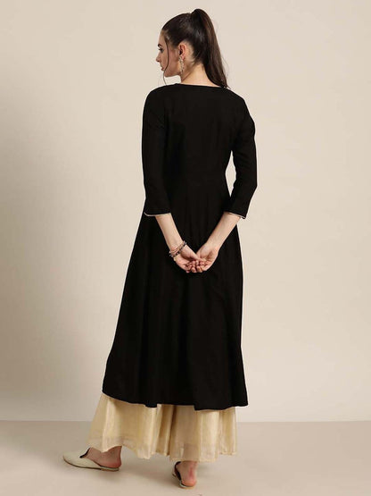 Women's Black Peacock Motif Embroidery Anarkali