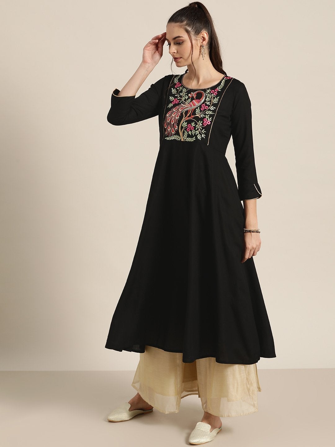 Women's Black Peacock Motif Embroidery Anarkali