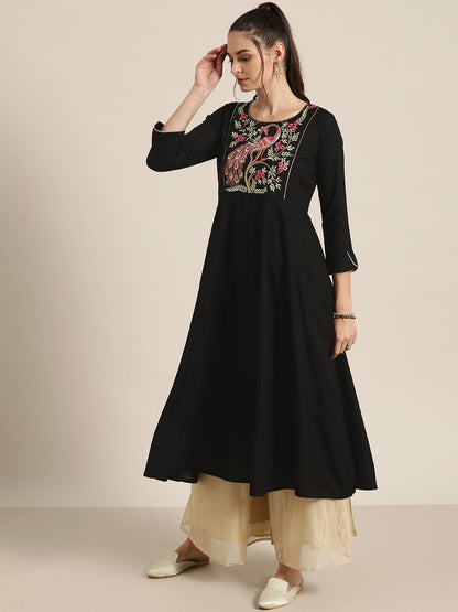 Women's Black Peacock Motif Embroidery Anarkali