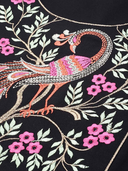 Women's Black Peacock Motif Embroidery Anarkali
