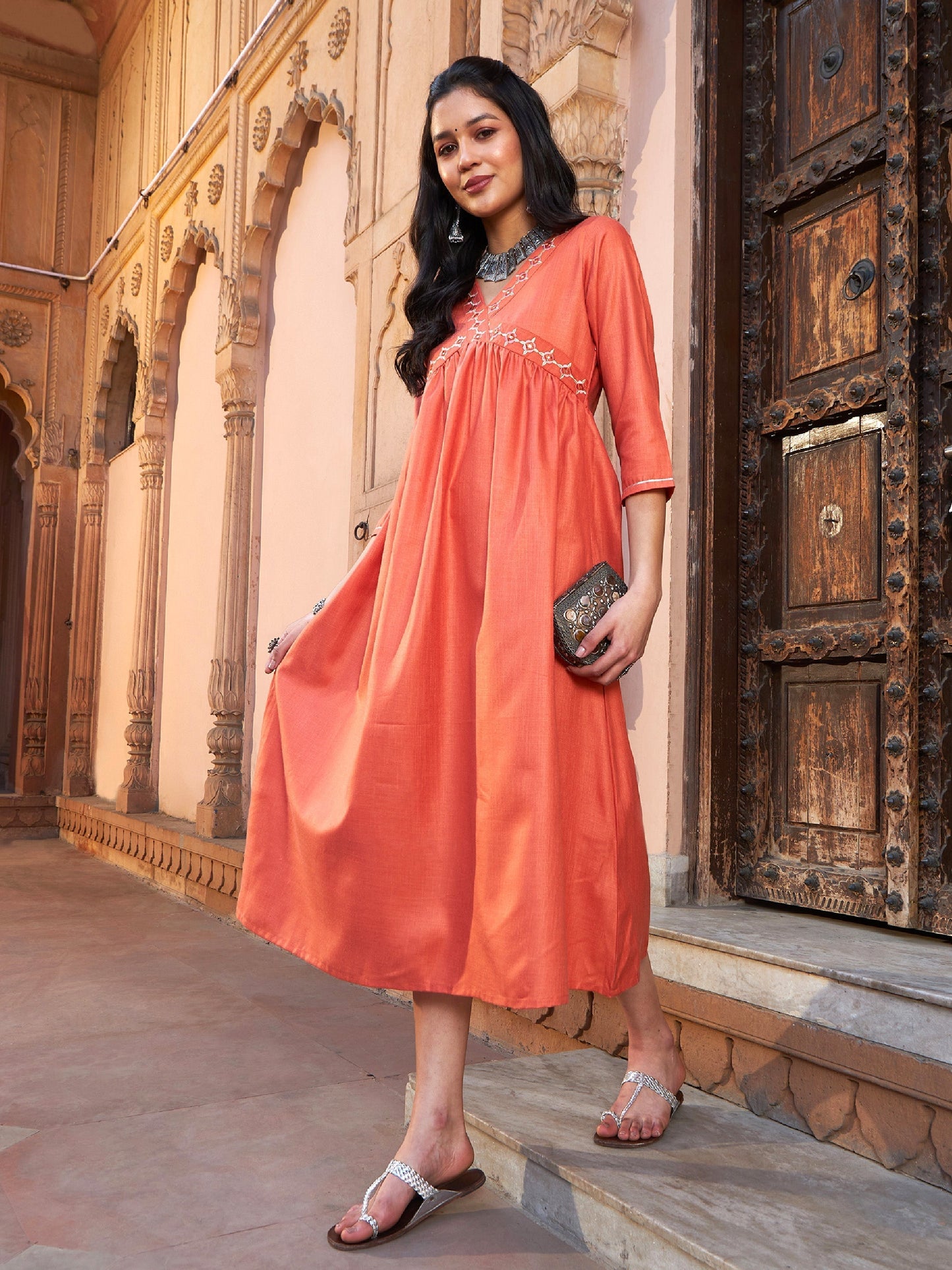 Women's Rust Embroidered Slant Empire Seam Kurta