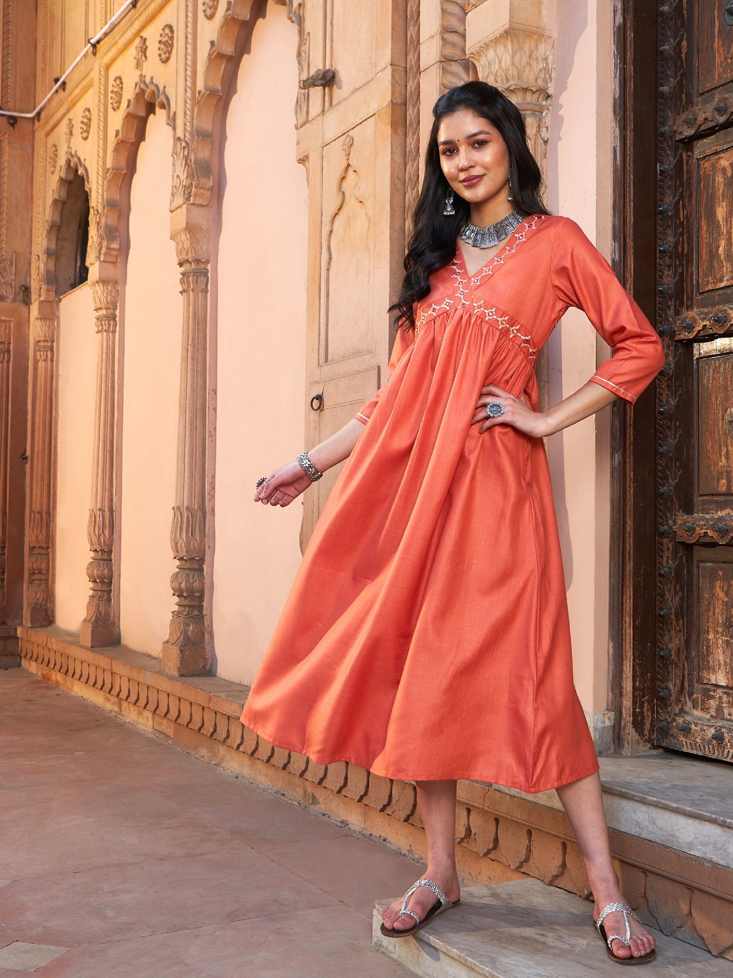 Women's Rust Embroidered Slant Empire Seam Kurta