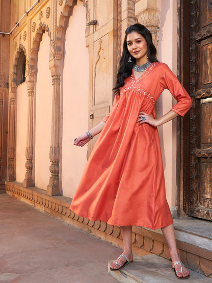 Women's Rust Embroidered Slant Empire Seam Kurta