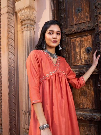 Women's Rust Embroidered Slant Empire Seam Kurta