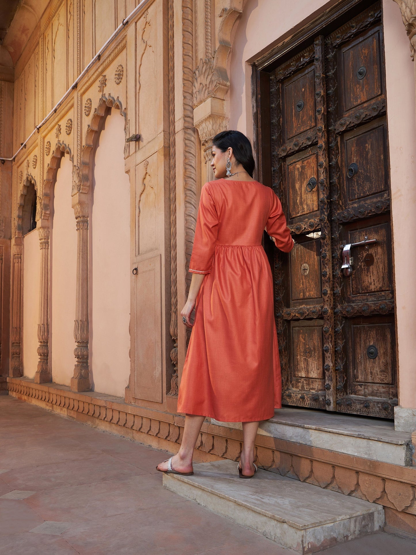 Women's Rust Embroidered Slant Empire Seam Kurta