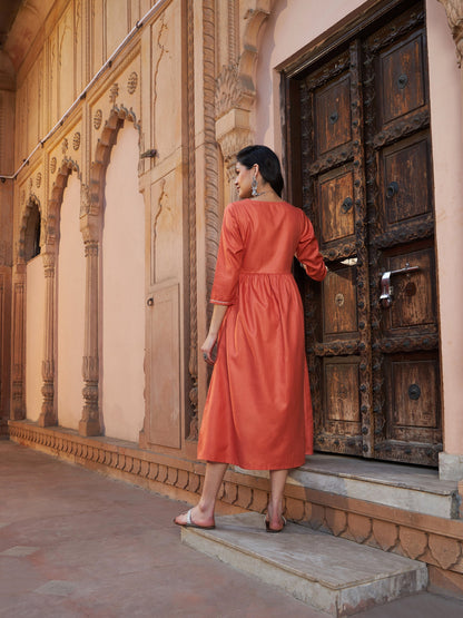 Women's Rust Embroidered Slant Empire Seam Kurta