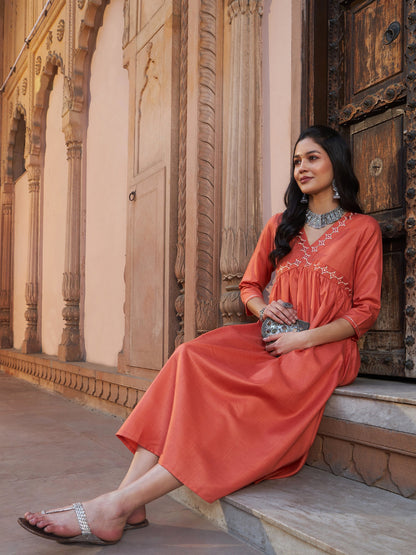 Women's Rust Embroidered Slant Empire Seam Kurta