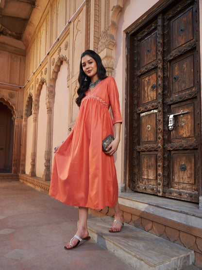 Women's Rust Embroidered Slant Empire Seam Kurta