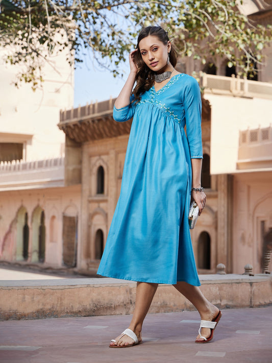 Women's Teal Embroidered Slant Empire Seam Kurta