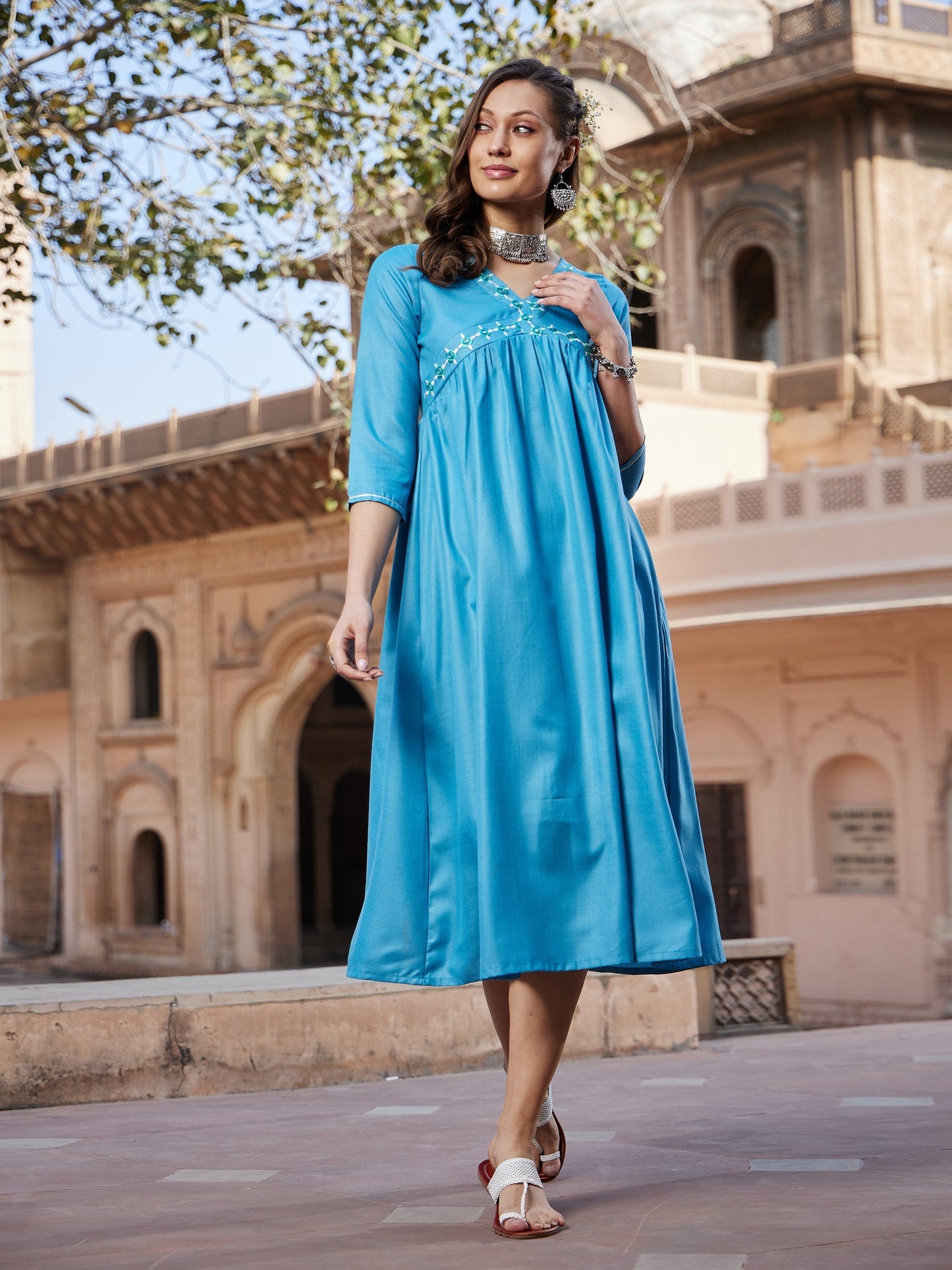 Women's Teal Embroidered Slant Empire Seam Kurta