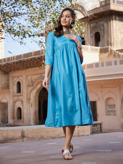 Women's Teal Embroidered Slant Empire Seam Kurta