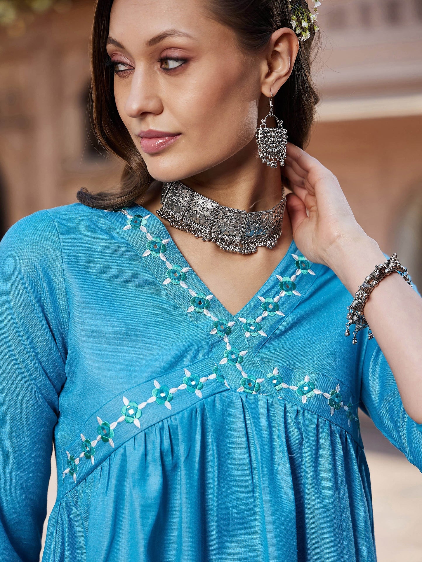 Women's Teal Embroidered Slant Empire Seam Kurta