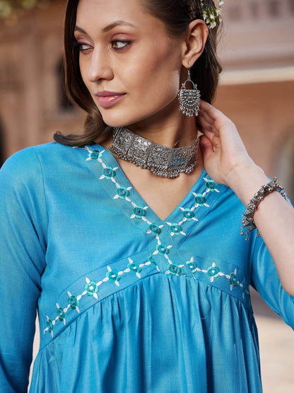 Women's Teal Embroidered Slant Empire Seam Kurta