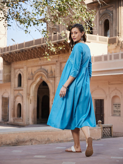 Women's Teal Embroidered Slant Empire Seam Kurta