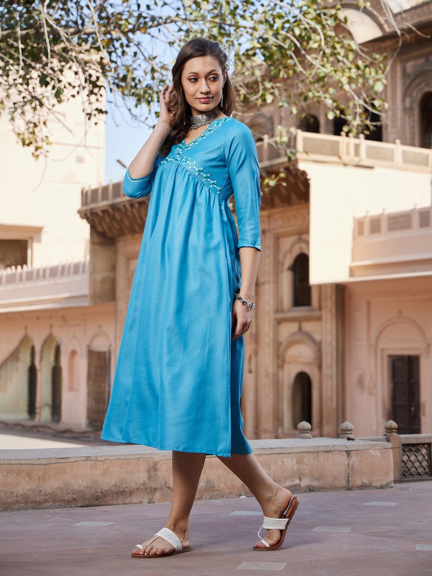 Women's Teal Embroidered Slant Empire Seam Kurta