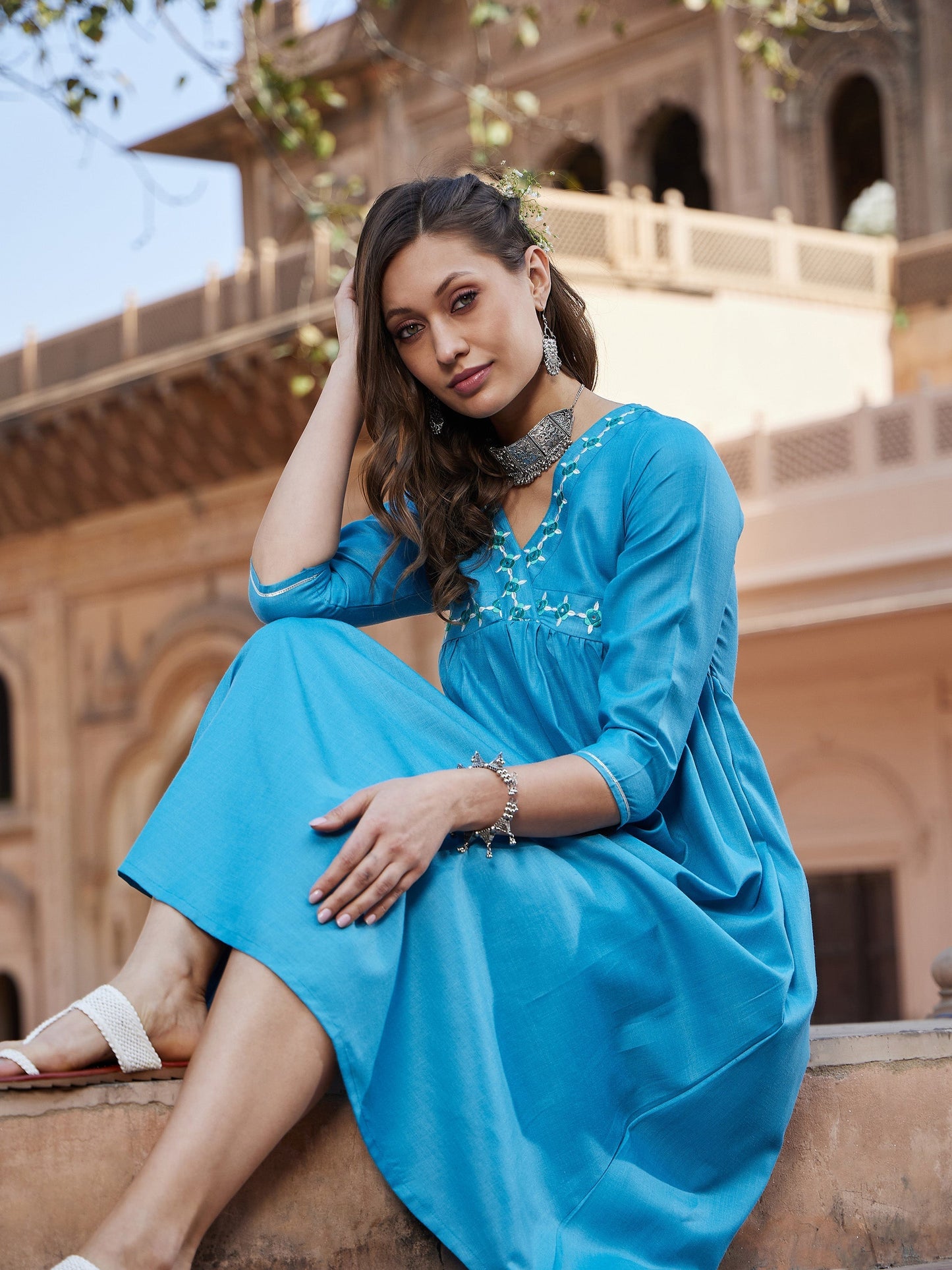 Women's Teal Embroidered Slant Empire Seam Kurta