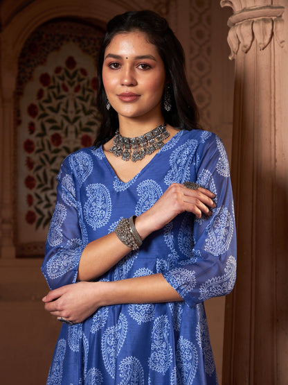 Women's Blue Chanderi Paisley Long Anarkali Kurta