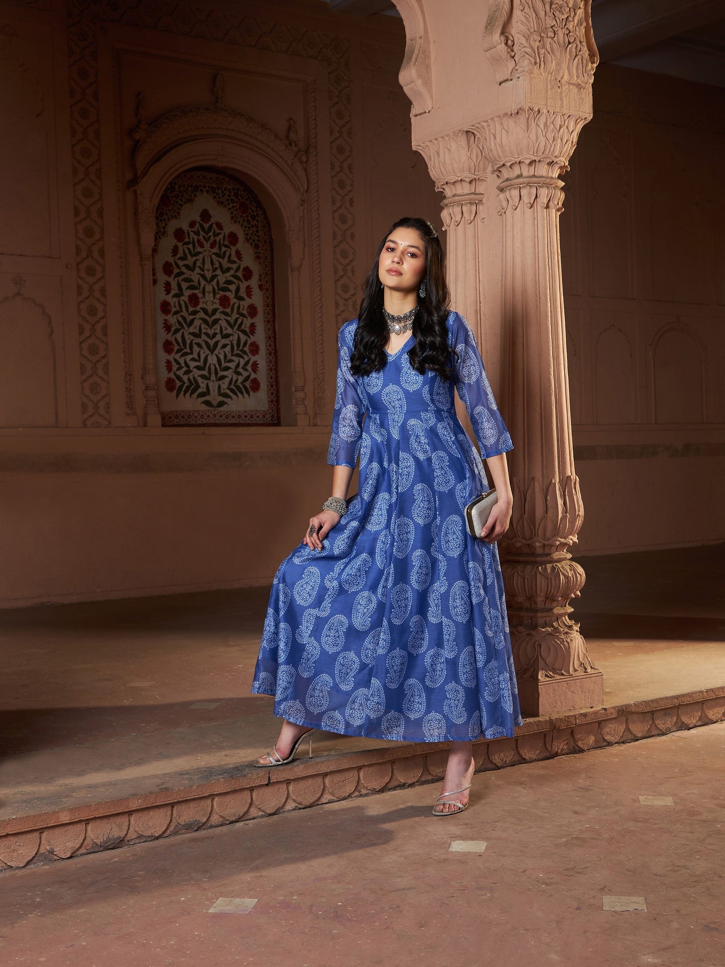 Women's Blue Chanderi Paisley Long Anarkali Kurta