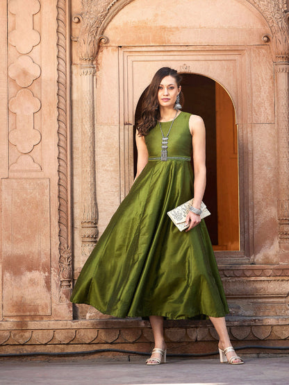 Women's Olive Mirror Lace Waistband Long Anarkali Kurta