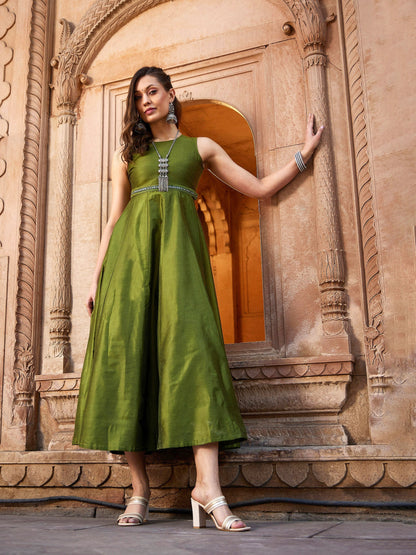 Women's Olive Mirror Lace Waistband Long Anarkali Kurta
