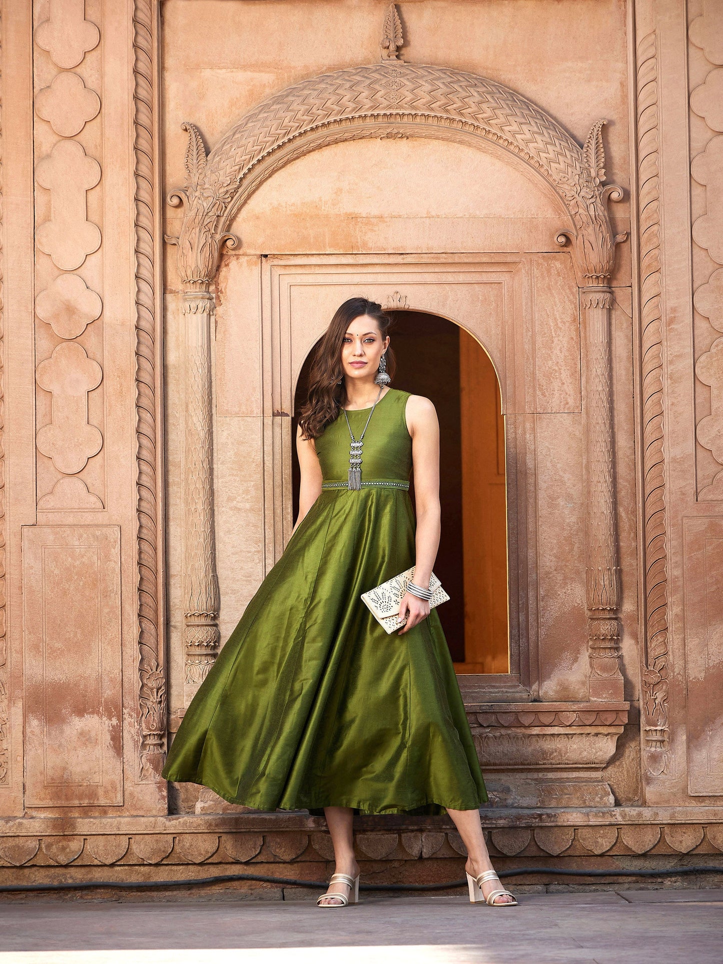 Women's Olive Mirror Lace Waistband Long Anarkali Kurta