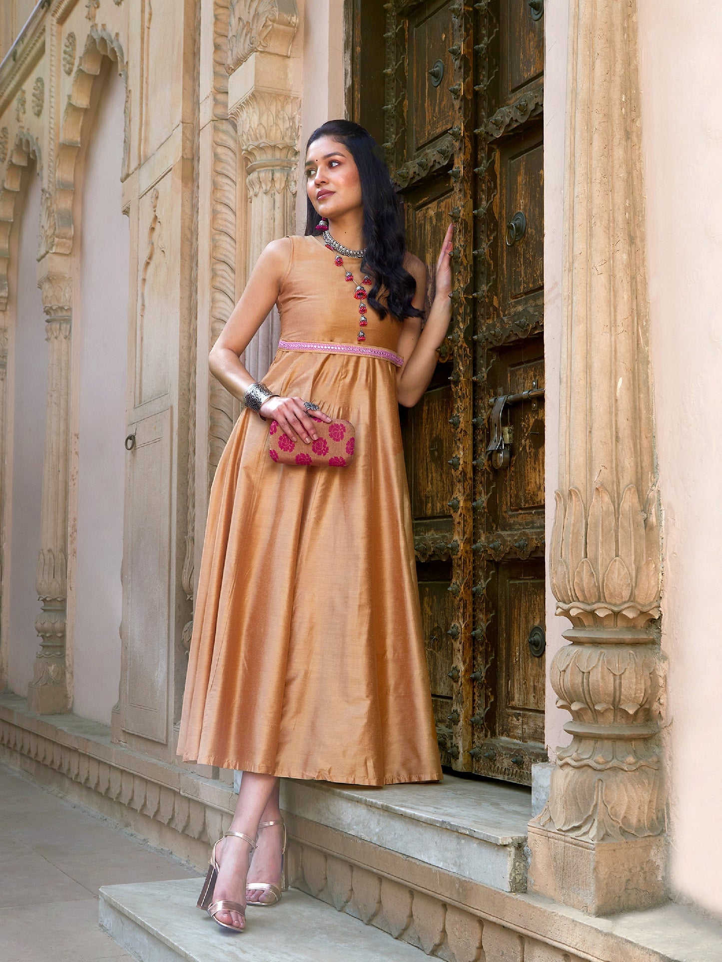 Women's Beige Mirror Lace Waistband Long Anarkali Kurta