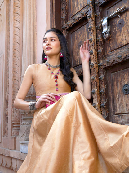 Women's Beige Mirror Lace Waistband Long Anarkali Kurta