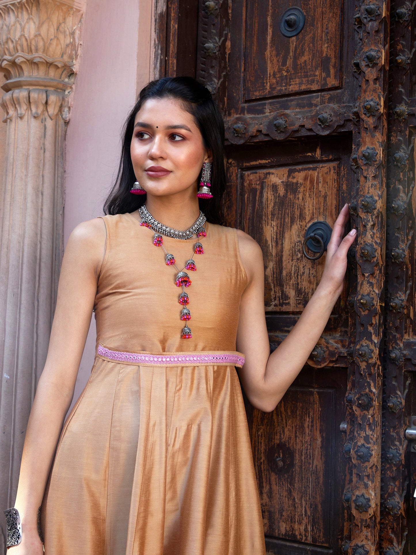Women's Beige Mirror Lace Waistband Long Anarkali Kurta