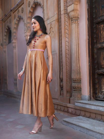Women's Beige Mirror Lace Waistband Long Anarkali Kurta
