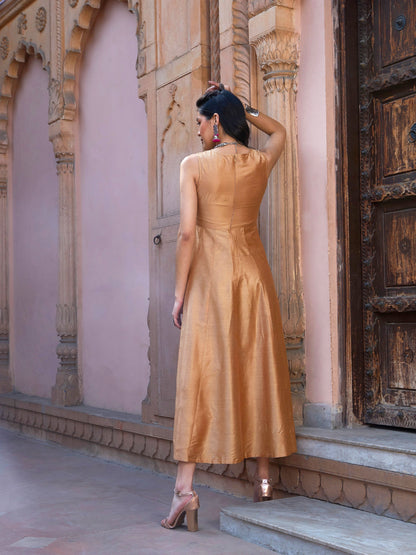 Women's Beige Mirror Lace Waistband Long Anarkali Kurta
